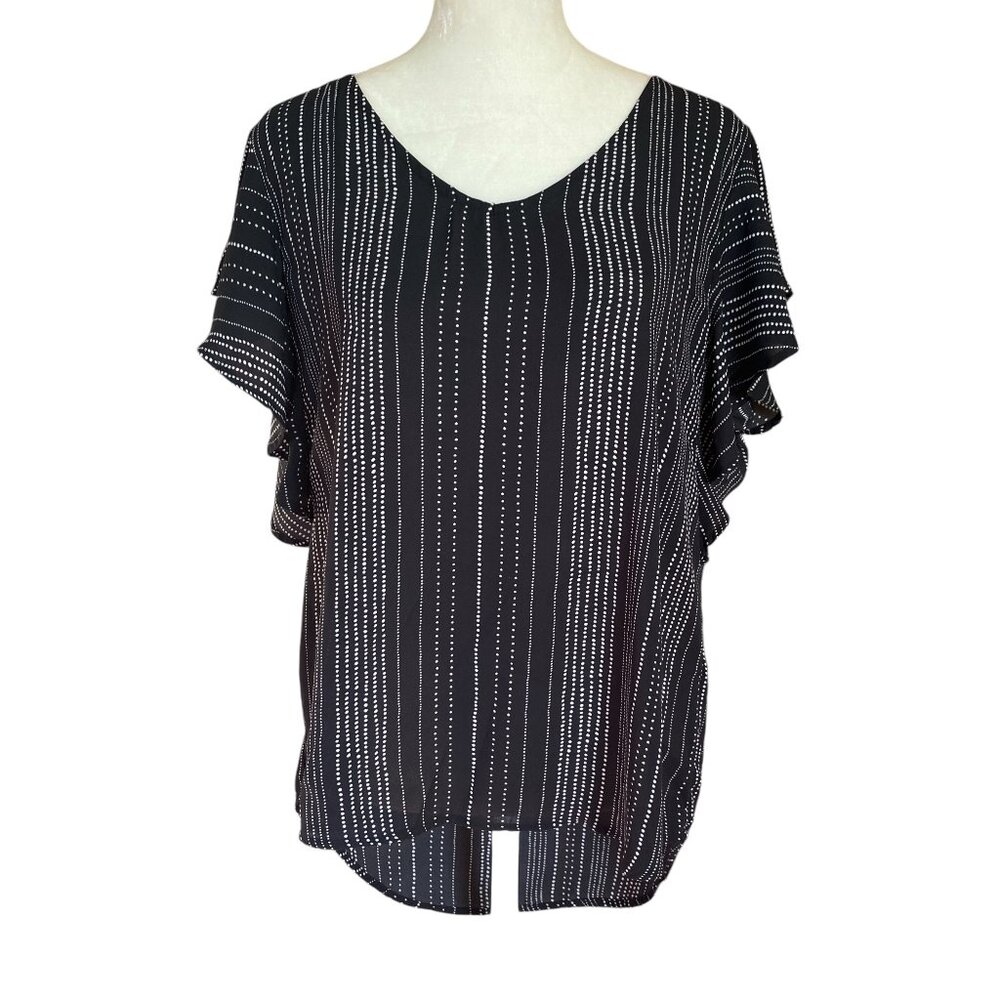 Simply Styled women's large black and white short flutter sleeve v-neck blouse